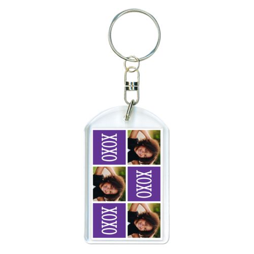 Personalized keychain personalized with a photo and the saying "xoxo" in purple and white