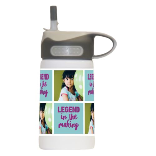 Custom kids water bottle personalized with a photo and the saying "Legend in the Making" in dream on - plum and blizzard blue