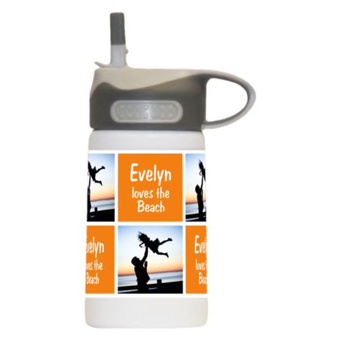 Kids water bottle personalized with a photo and the saying "Evelyn loves the Beach" in juicy orange and white