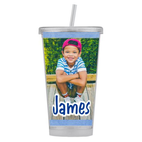 Personalized tumbler personalized with blue chalk pattern and photo and the saying "James"