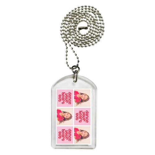 Personalized dog tag personalized with a photo and the saying "dance your heart out" in cherry red and rosy cheeks pink