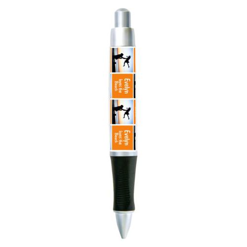 Personalized pen personalized with a photo and the saying "Evelyn loves the Beach" in juicy orange and white