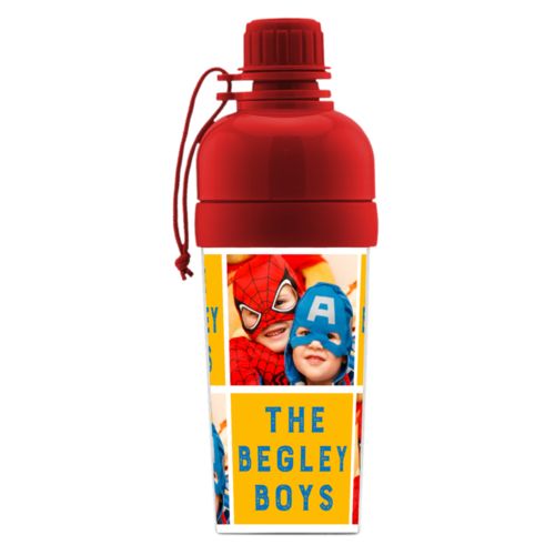 Kids water bottle personalized with a photo and the saying "The Begley Boys" in blue and gold