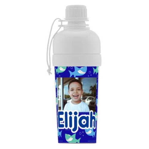 Water bottle for girls personalized with sharks pattern and photo and the saying "Elijah"