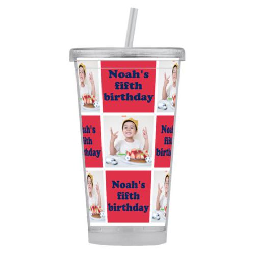 Personalized tumbler personalized with a photo and the saying "Noah's fifth birthday" in navy blue and red
