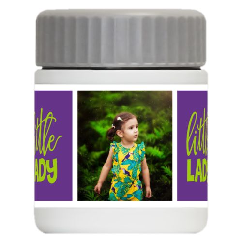 Personalized 12oz food jar personalized with a photo and the saying "little lady" in juicy green and amethyst purple