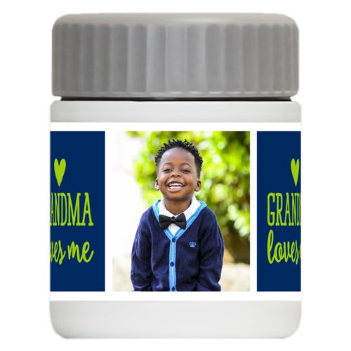 Personalized 12oz food jar personalized with a photo and the saying "Grandma loves me" in juicy green and navy blue