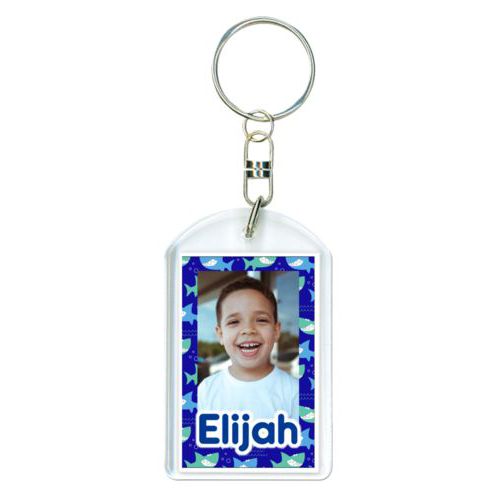 Personalized keychain personalized with sharks pattern and photo and the saying "Elijah"