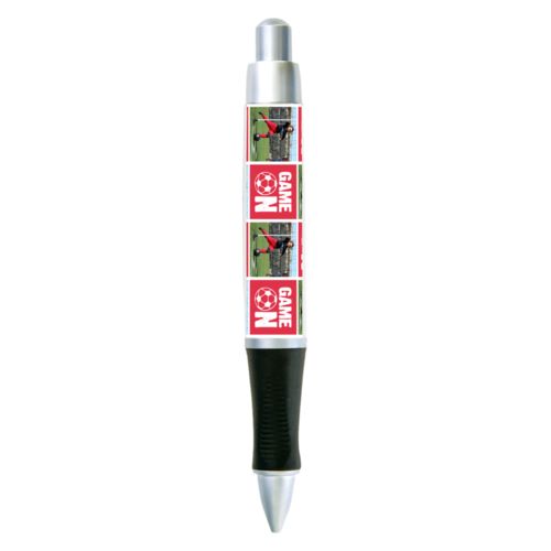 Personalized pen personalized with a photo and the saying "Game On" in cherry red and white