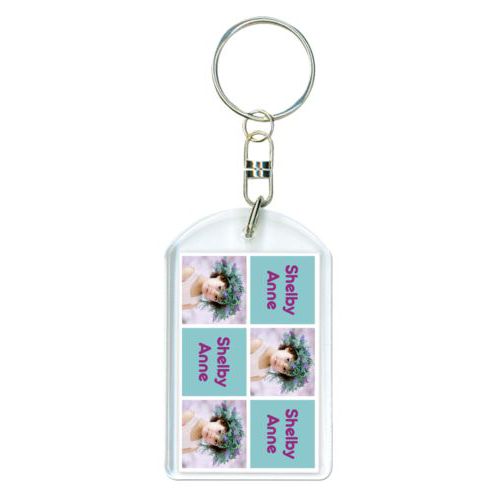 Personalized keychain personalized with a photo and the saying "Shelby Anne" in dream on - plum and blizzard blue