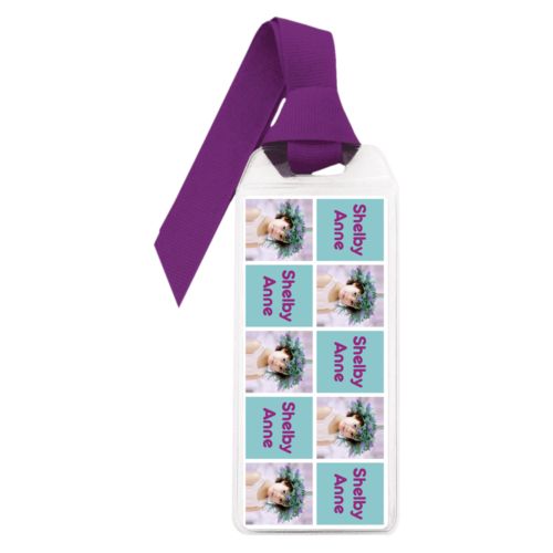 Personalized book mark personalized with a photo and the saying "Shelby Anne" in dream on - plum and blizzard blue