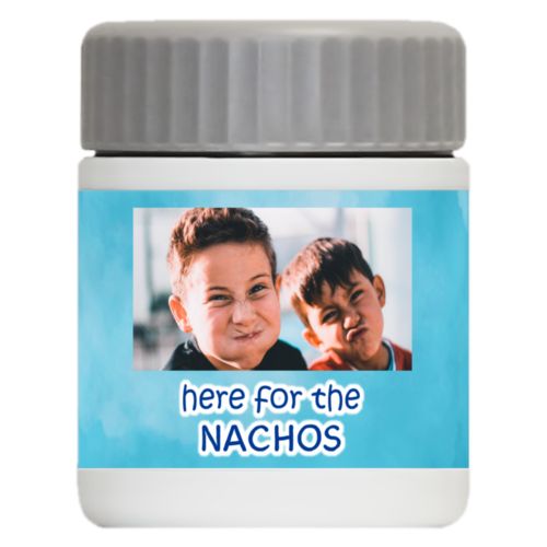 Personalized 12oz food jar personalized with teal cloud pattern and photo and the saying "here for the Nachos"