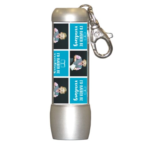 Personalized flashlight personalized with a photo and the saying "I'd Rather be Reading" in juicy blue and white