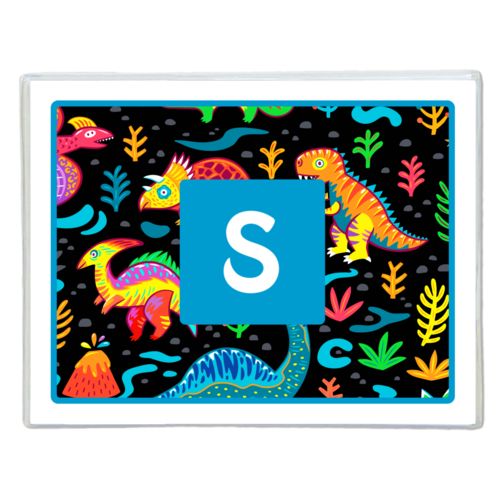Personalized note cards personalized with dinos pattern and initial in caribbean blue