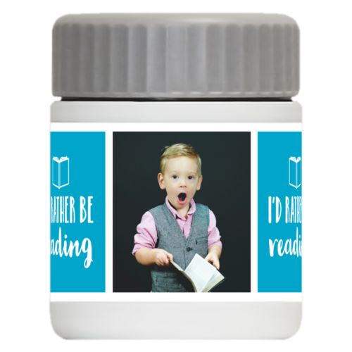 Personalized 12oz food jar personalized with a photo and the saying "I'd Rather be Reading" in juicy blue and white