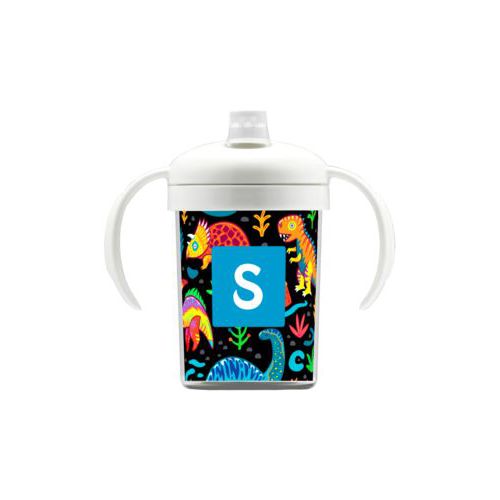 Personalized sippycup personalized with dinos pattern and initial in caribbean blue