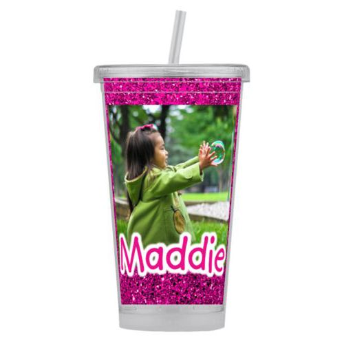 Personalized tumbler personalized with pink glitter pattern and photo and the saying "Maddie"