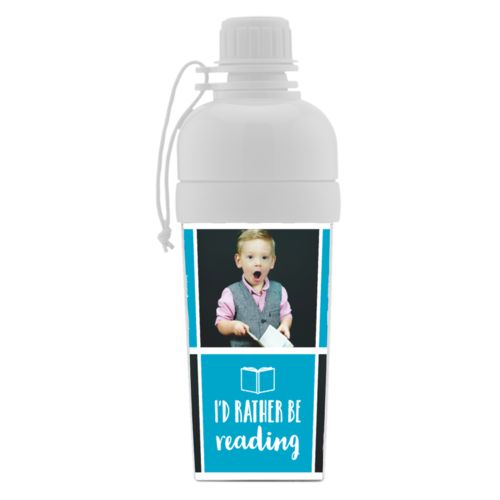 Kids water bottle personalized with a photo and the saying "I'd Rather be Reading" in juicy blue and white