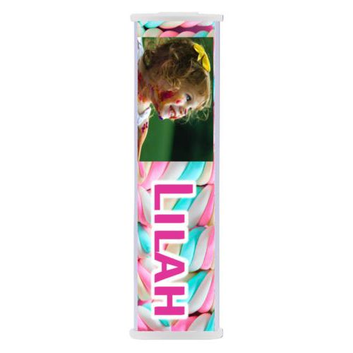 Personalized backup phone charger personalized with sweets twist pattern and photo and the saying "Lilah"