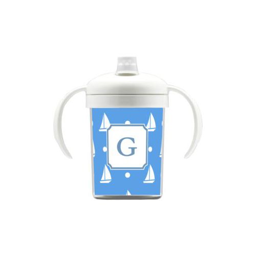 Personalized sippycup personalized with white sails pattern and initial in oxford