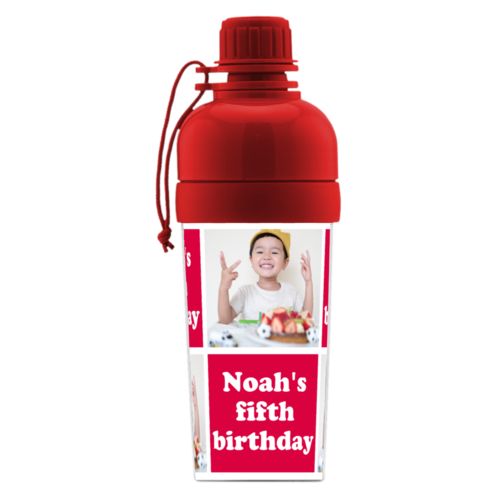 Personalized water bottle for kids personalized with a photo and the saying "Noah's fifth birthday" in navy blue and red