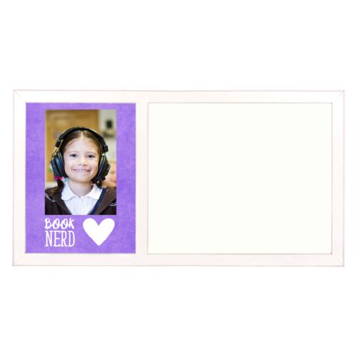 Personalized white board personalized with purple chalk pattern and photo and the sayings "book nerd" and "Heart"
