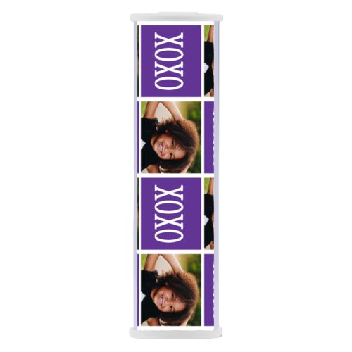 Personalized backup phone charger personalized with a photo and the saying "xoxo" in purple and white