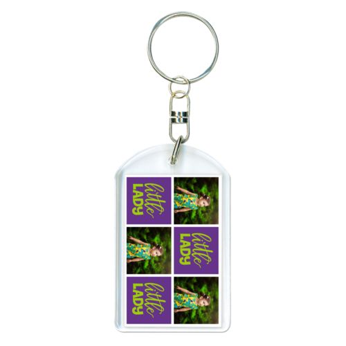 Personalized plastic keychain personalized with a photo and the saying "little lady" in juicy green and amethyst purple