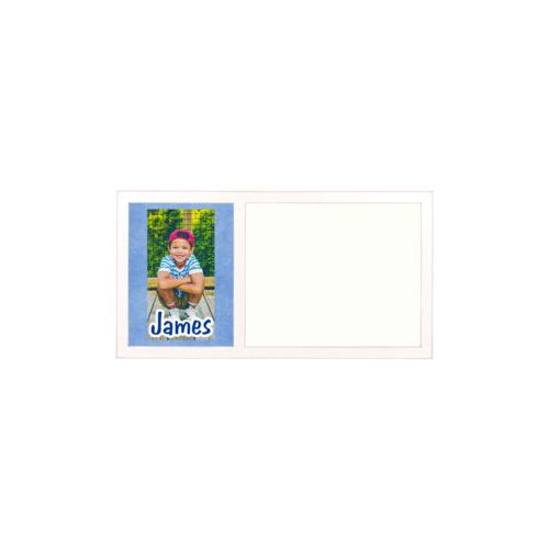 Personalized white board personalized with blue chalk pattern and photo and the saying "James"