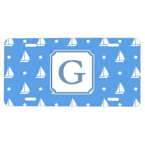 Custom license plate personalized with white sails pattern and initial in oxford