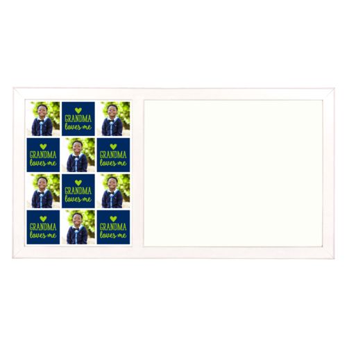 Personalized white board personalized with a photo and the saying "Grandma loves me" in juicy green and navy blue