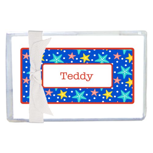 Personalized enclosure cards personalized with starfish pattern and name in strong red