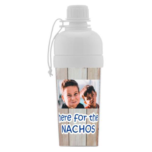 Water bottle for girls personalized with light wood pattern and photo and the saying "here for the Nachos"