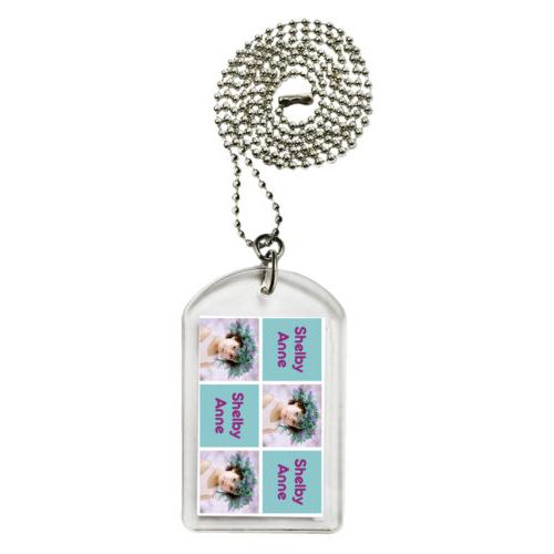 Personalized dog tag personalized with a photo and the saying "Shelby Anne" in dream on - plum and blizzard blue
