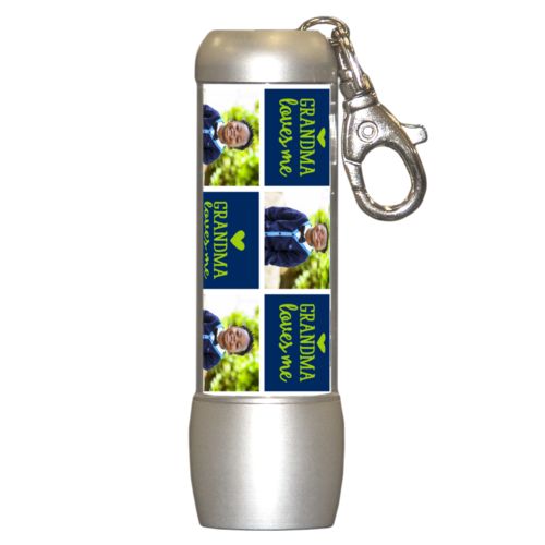 Personalized flashlight personalized with a photo and the saying "Grandma loves me" in juicy green and navy blue