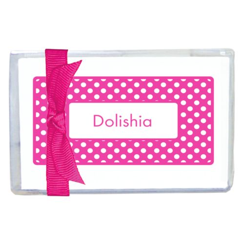 Personalized enclosure cards personalized with medium dots pattern and name in juicy pink and white