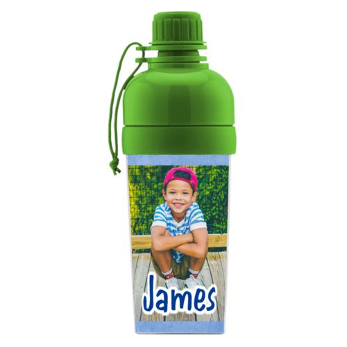 Custom sports bottle personalized with blue chalk pattern and photo and the saying "James"