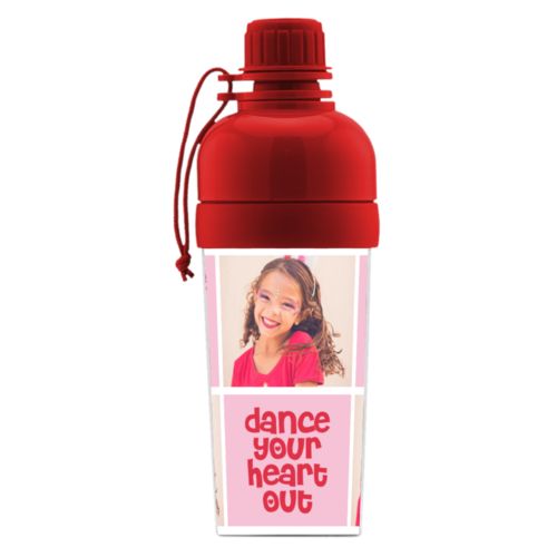 Boys water bottle personalized with a photo and the saying "dance your heart out" in cherry red and rosy cheeks pink