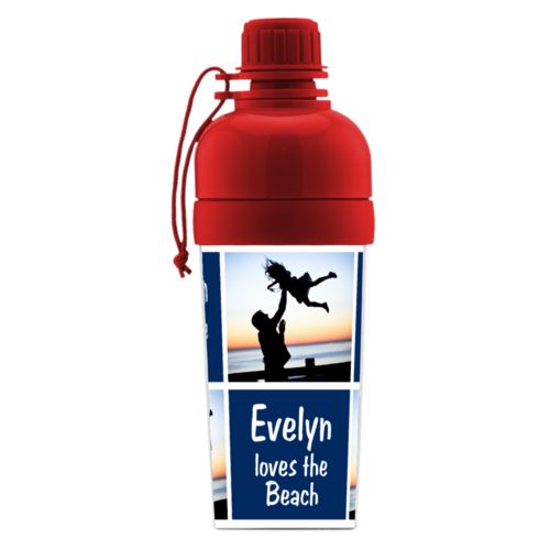Kids sports bottle personalized with a photo and the saying "Evelyn loves the Beach" in juicy orange and white