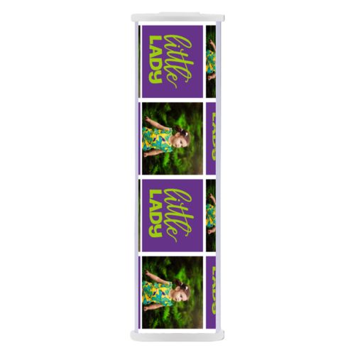 Personalized backup phone charger personalized with a photo and the saying "little lady" in juicy green and amethyst purple