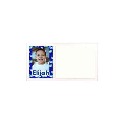 Personalized white board personalized with sharks pattern and photo and the saying "Elijah"