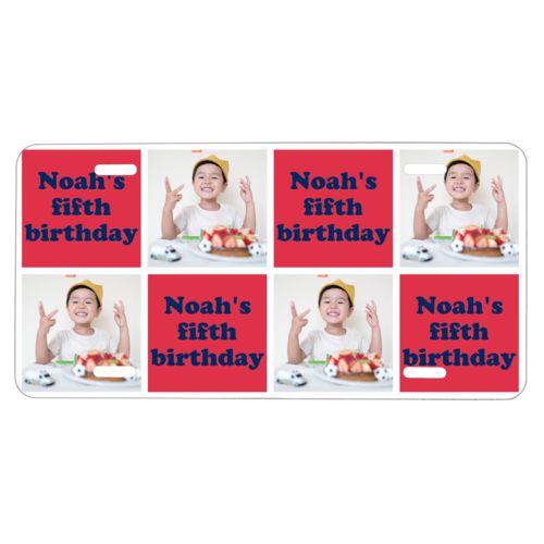 Custom car plate personalized with a photo and the saying "Noah's fifth birthday" in navy blue and red