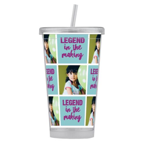 Personalized tumbler personalized with a photo and the saying "Legend in the Making" in dream on - plum and blizzard blue