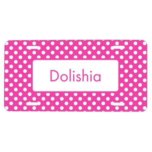 Custom license plate personalized with medium dots pattern and name in juicy pink and white