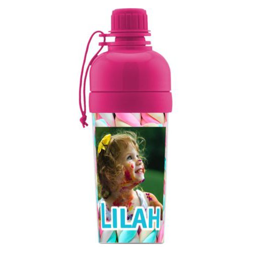 Kids water bottle personalized with sweets twist pattern and photo and the saying "Lilah"
