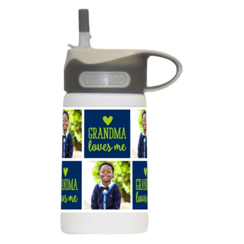 Boys water bottle personalized with a photo and the saying "Grandma loves me" in juicy green and navy blue