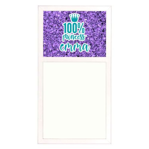 Personalized white board personalized with lavender glitter pattern and the sayings "100% princess" and "emma"