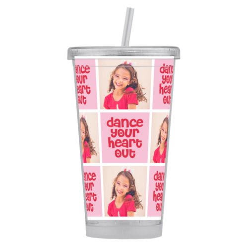 Personalized tumbler personalized with a photo and the saying "dance your heart out" in cherry red and rosy cheeks pink