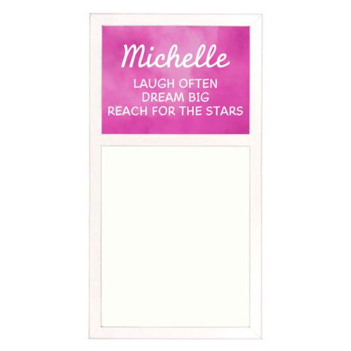 Personalized white board personalized with pink cloud pattern and the saying "Michelle laugh often dream big reach for the stars"