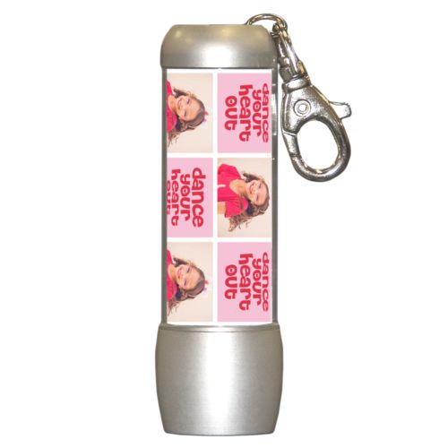 Personalized flashlight personalized with a photo and the saying "dance your heart out" in cherry red and rosy cheeks pink